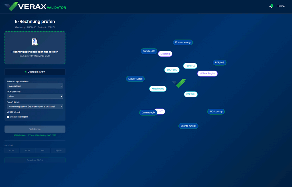 VERAX Validator – Oberfläche mit Upload und Ergebnisanzeige