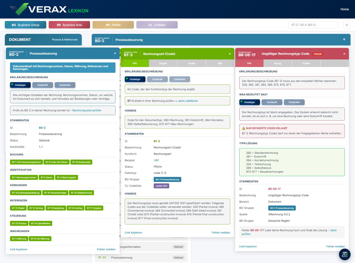 VERAX Lexikon – Detailkarte eines Rechnungsfeldes mit Volltextsuche