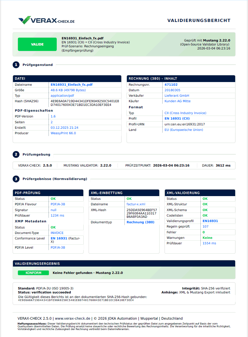 VERAX-CHECK Validierungsbericht mit SHA-256 Hash, PDF-Prüfung und XML-Validierung