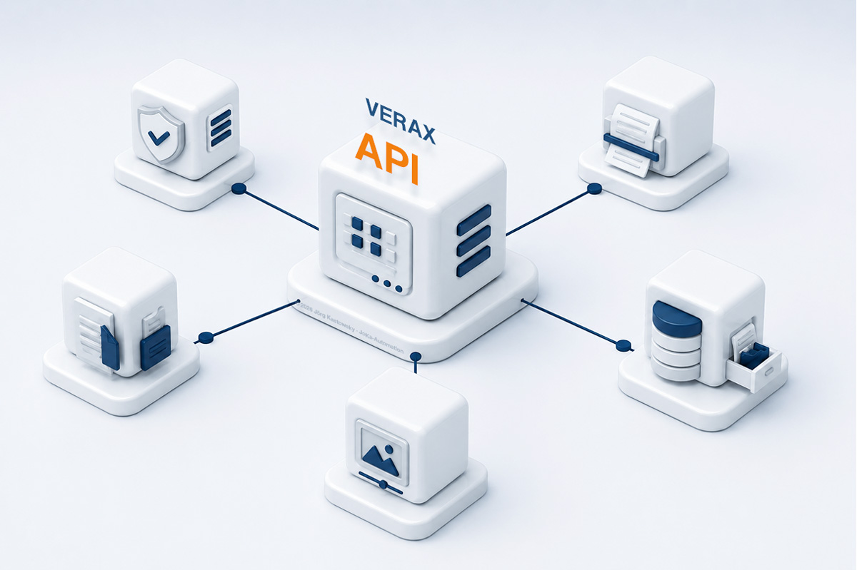 Schema der VERAX API: zentrale Schnittstelle mit fünf angebundenen Funktionen – Validierung, Konvertierung, Vorschau, Bericht-Export und Lexikon